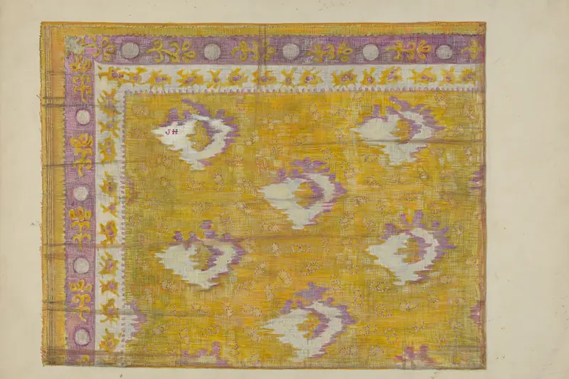 Watercolour of a yellow silk scarf with mauve motifs and a floral border, 1941