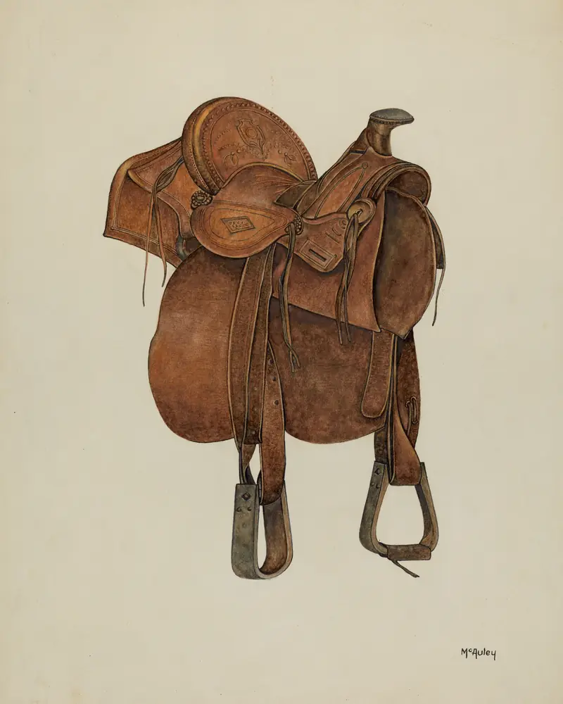 Watercolour of a tan leather saddle with hanging stirrups on a cream ground