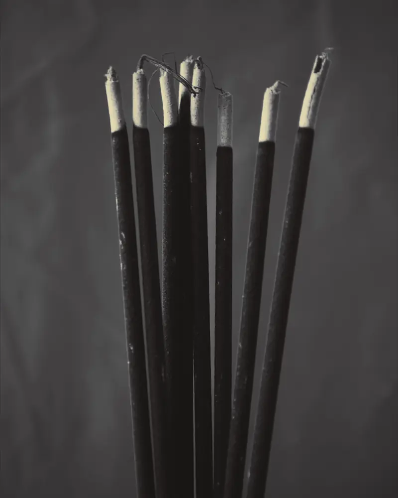 Bâtons d'encens noirs aux pointes cendrées, dressés en bouquet devant un fond gris