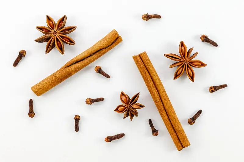 Épices de Noël sur fond blanc : bâtons de cannelle, étoiles de badiane et clous de girofle