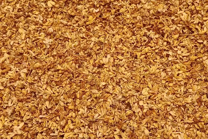Fleurs d'osmanthus séchées couleur miel, étalées en couche épaisse, vues du dessus