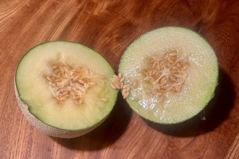 Pale green-fleshed melon cut in half, seeds visible, on a dark wooden table