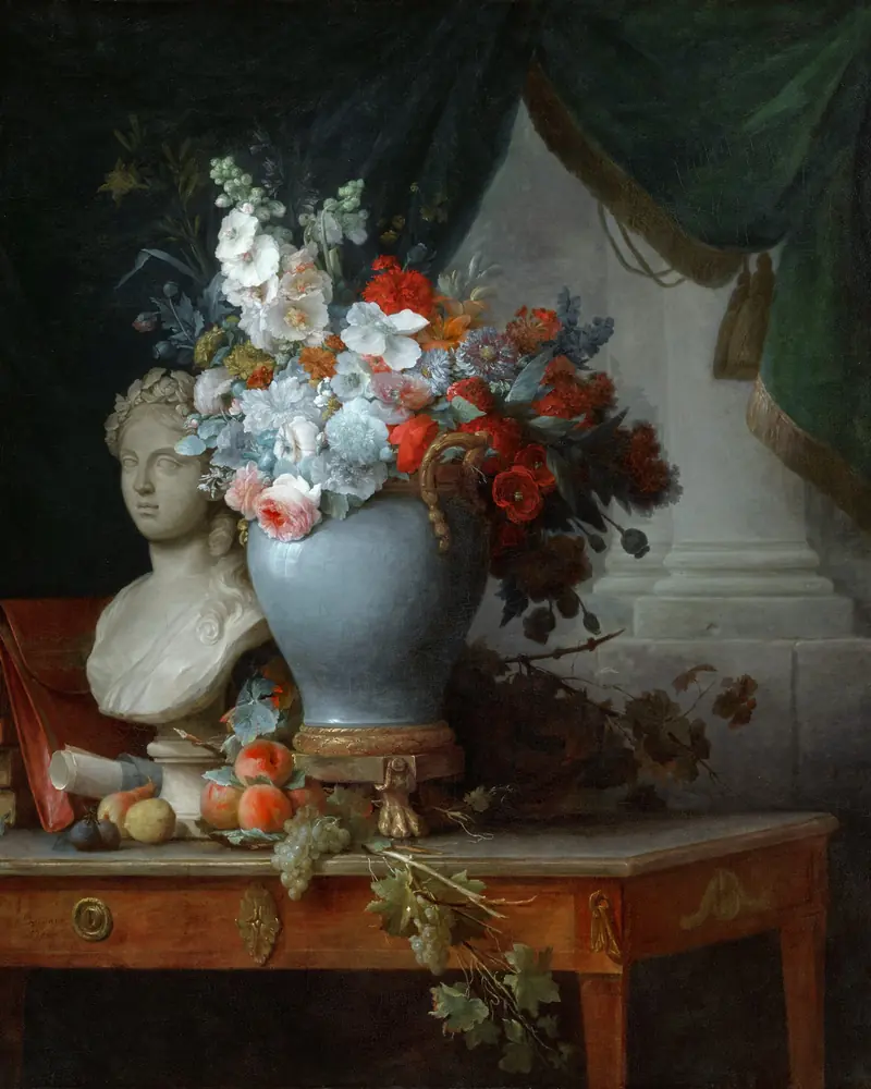 Nature morte d'Anne Vallayer-Coster : bouquet de fleurs dans un vase bleu près d'un buste