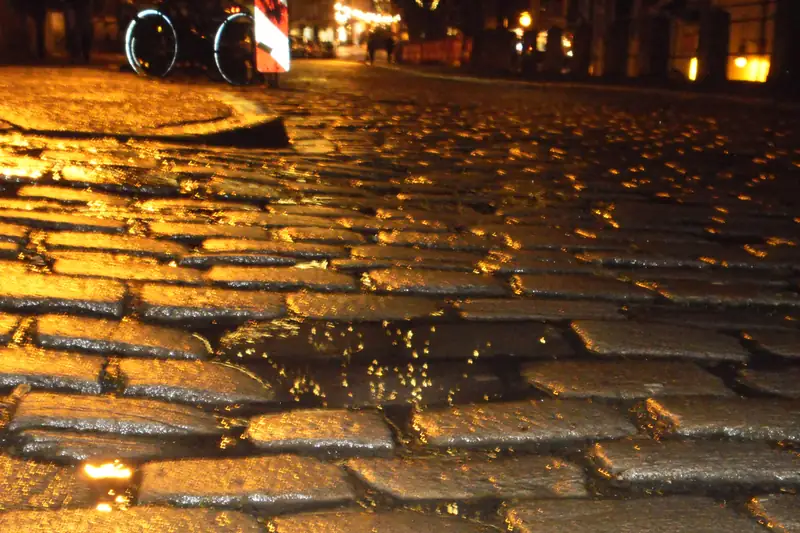 Rain-slicked cobblestones reflecting the orange lights of a street in winter