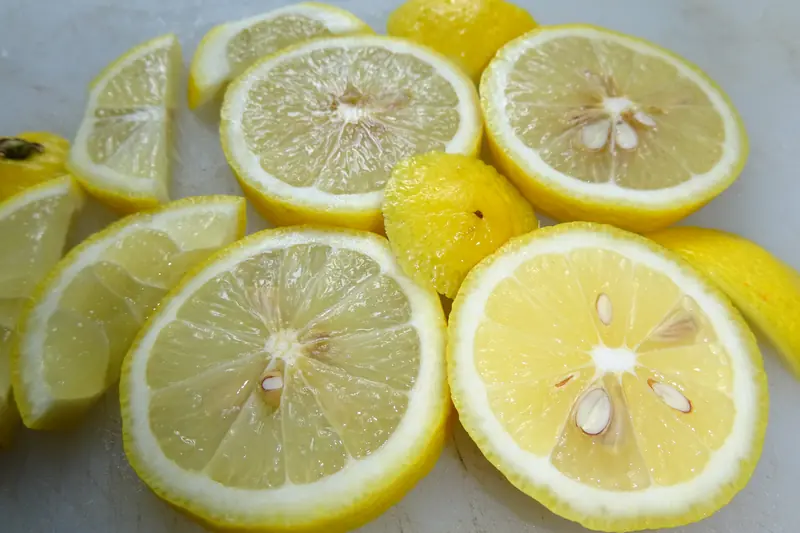 Rondelles de citron fraîchement coupées, pépins visibles, étalées sur une assiette