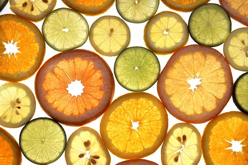 Rondelles d'oranges, de citrons et de citrons verts éclairées par transparence