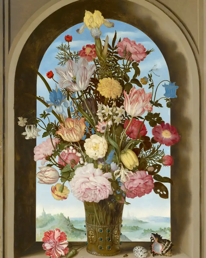Tableau d'Ambrosius Bosschaert : bouquet de fleurs variées dans un vase posé dans une fenêtre