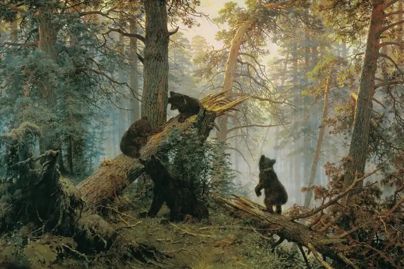 Tableau de Chichkine : matin brumeux dans une forêt de pins, oursons jouant sur un arbre tombé
