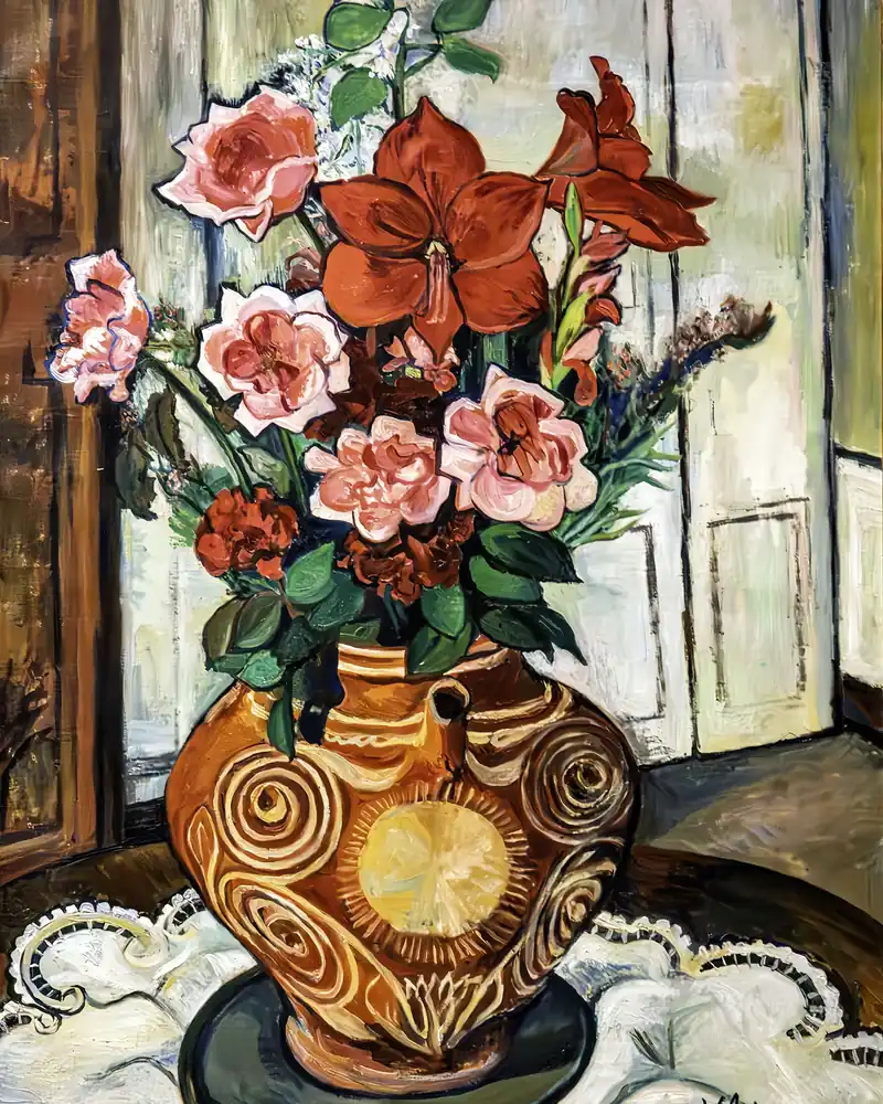 Tableau de Suzanne Valadon, 1930 : bouquet de fleurs rouges et roses dans un vase décoré