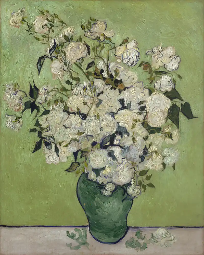 Van Gogh painting: a large bunch of white roses in a green vase on a pale green ground