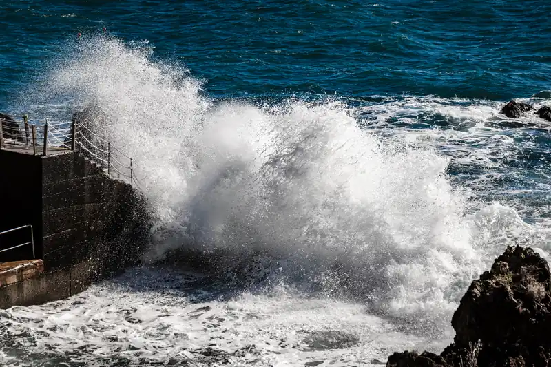Vague qui se brise en gerbe d'écume contre les rochers d'une côte de Madère