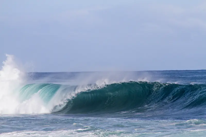 Vague turquoise qui s'enroule avant de déferler, embruns blancs à gauche