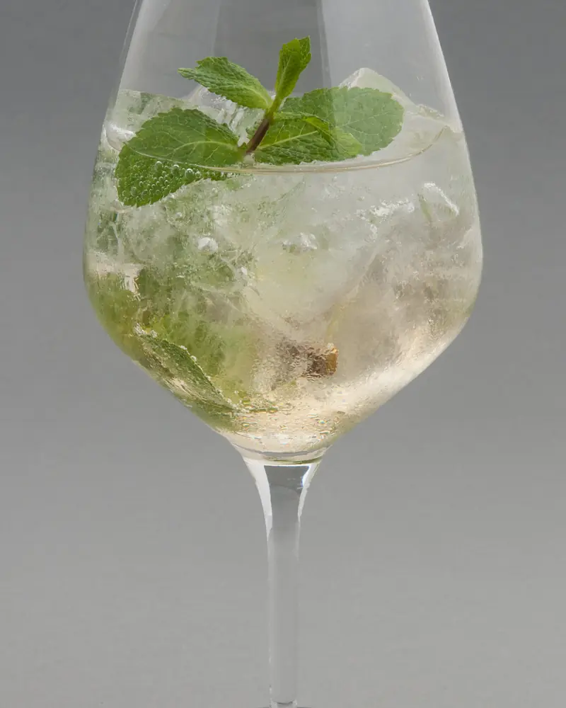 Stemmed glass filled with ice, mint leaves and lime on a grey background